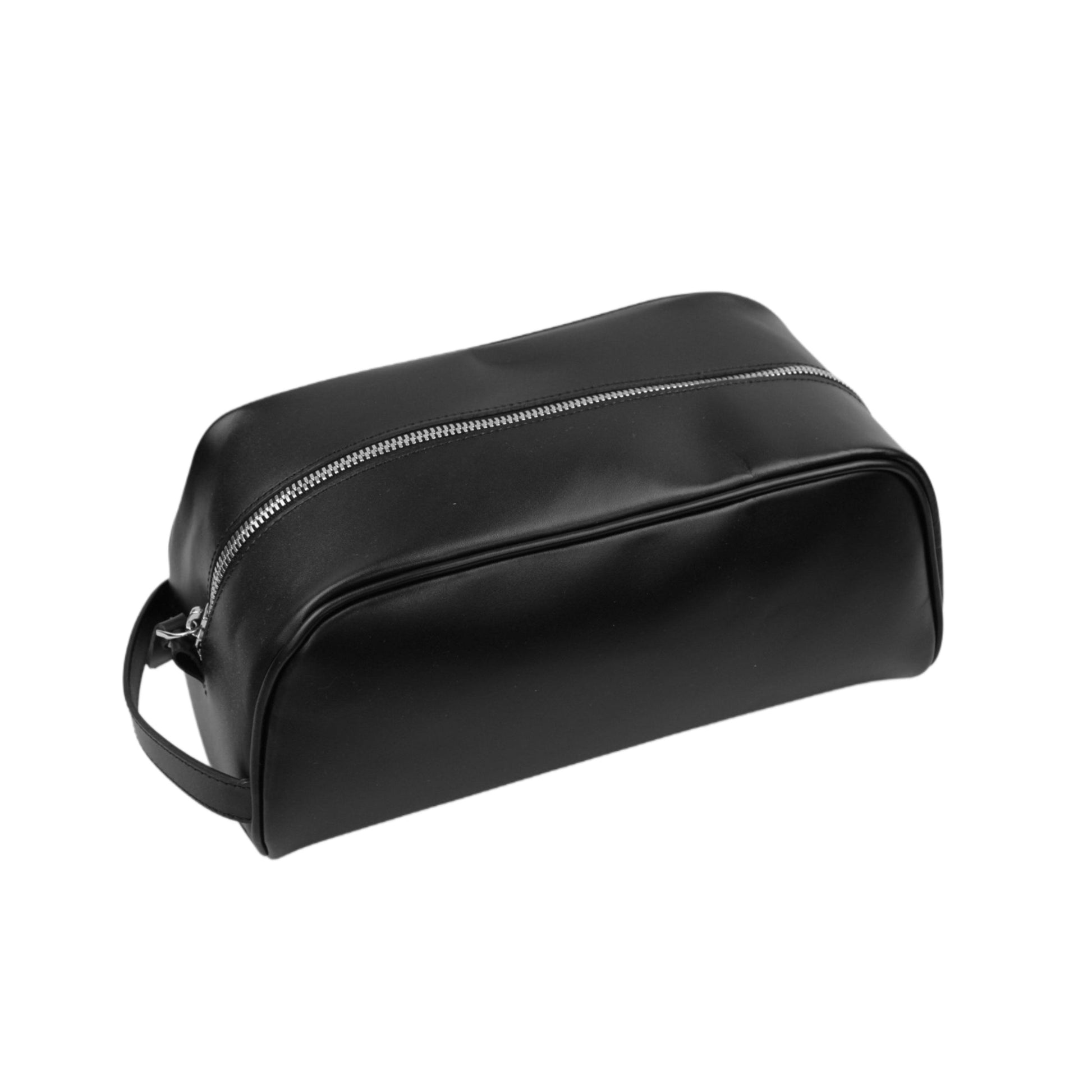 Black toiletry bag with a silver zipper on a white background