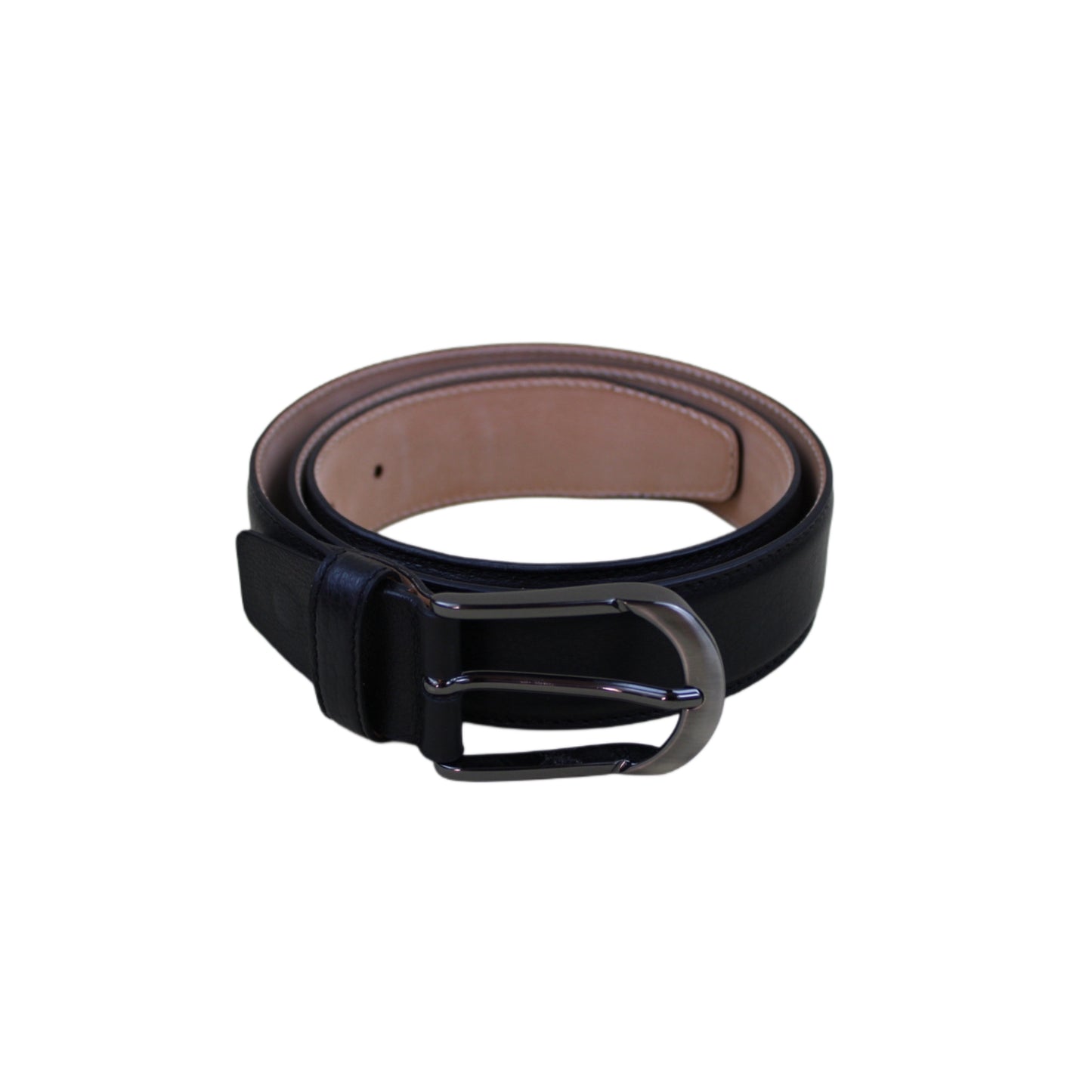 Black leather belt with a brown lining on a white background